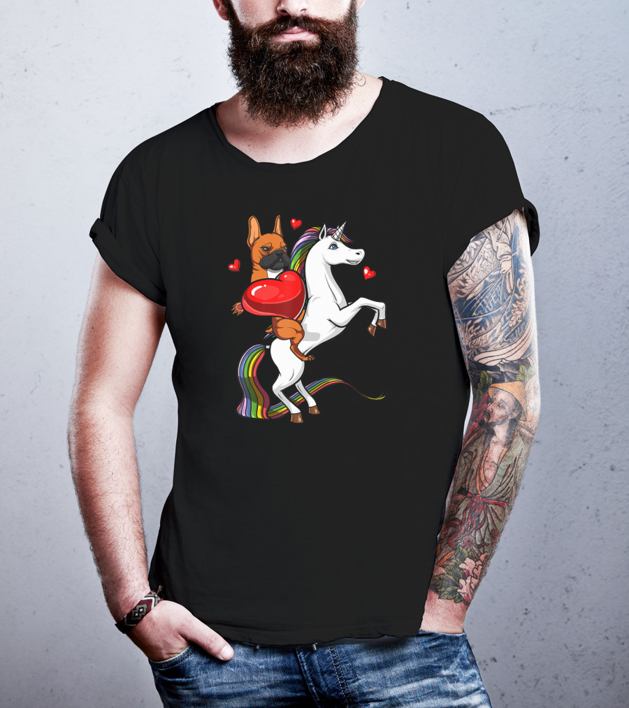 French Bulldog With Heart On Rainbow Unicorn Valentine's T-Shirt