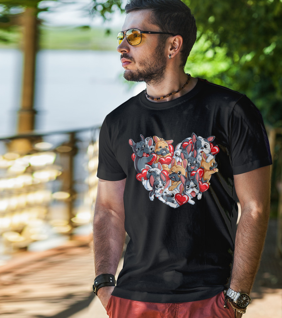 French Bulldog Valentines Day Heart With Cute Puppies And Red Hearts T-Shirt