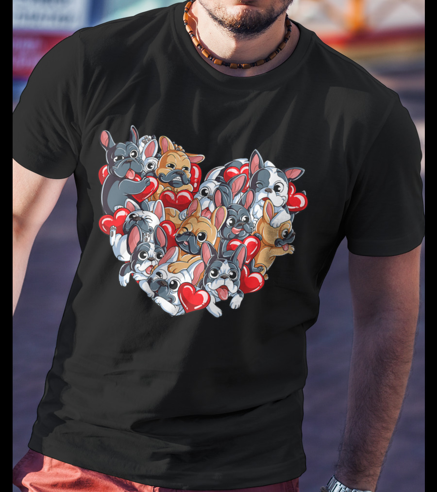 French Bulldog Valentines Day Heart With Cute Puppies And Red Hearts T-Shirt