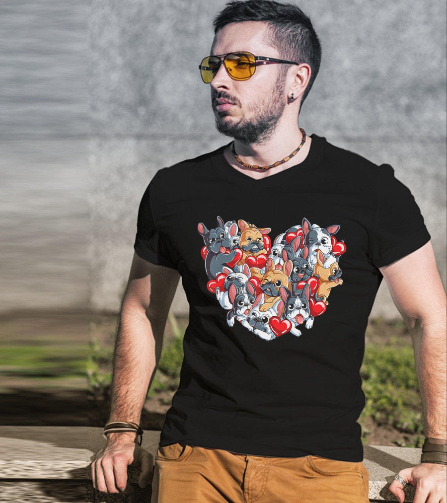 French Bulldog Valentines Day Heart With Cute Puppies And Red Hearts T-Shirt