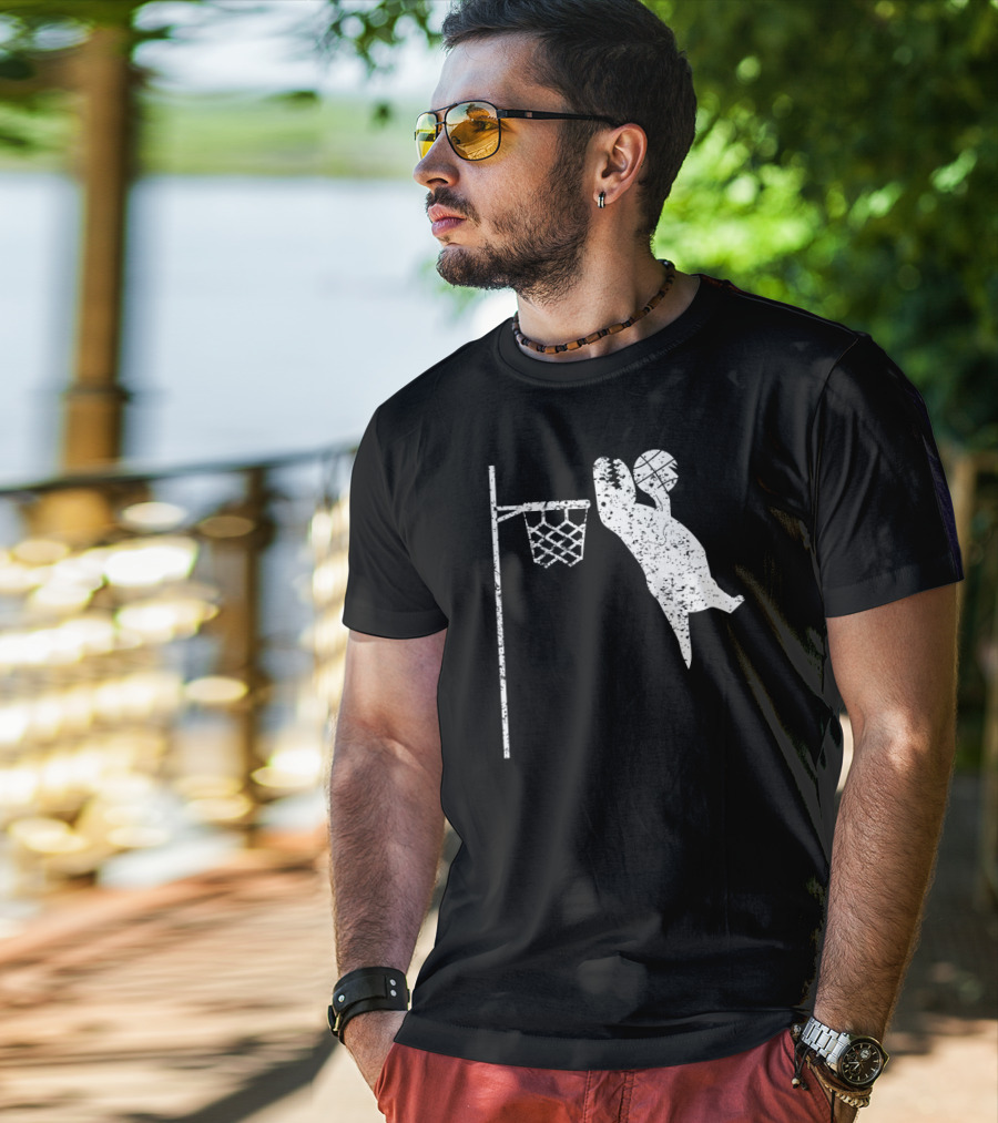 Jumping Tyrannosaurus Rex Dunks Basketball Hoop T-Shirt