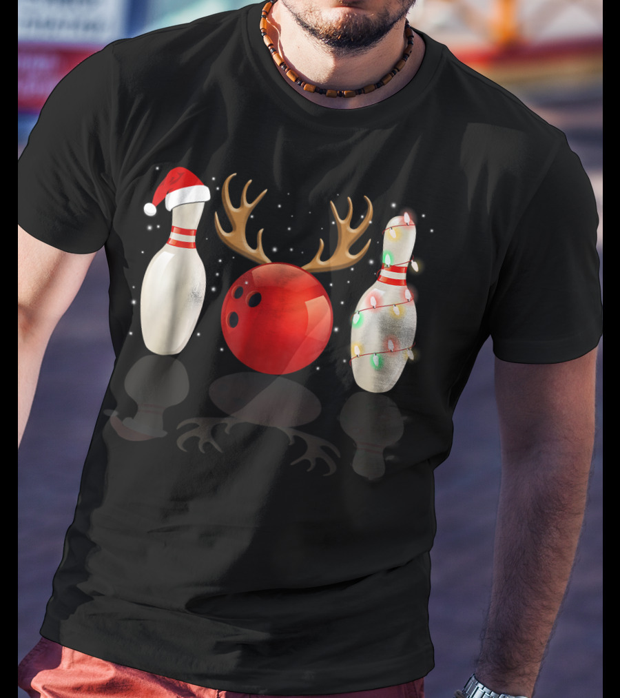 Reindeer Antlers Bowling Ball Santa Hat Christmas Lights Bowling Pins Funny Holiday Bowling T-Shirt