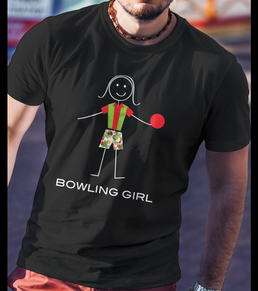 Bowling Girl Stick Figure With Colorful Shorts And Red Ball T-Shirt