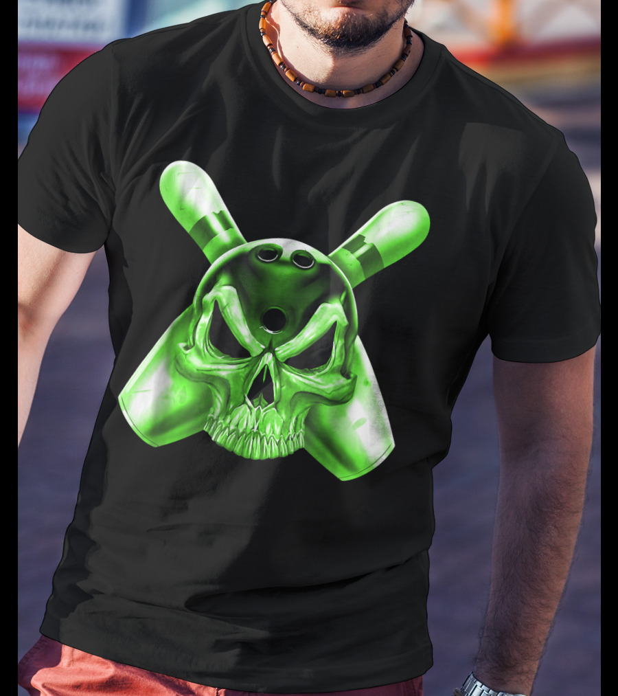 Bowling Skull Crossed Pins Green T-Shirt