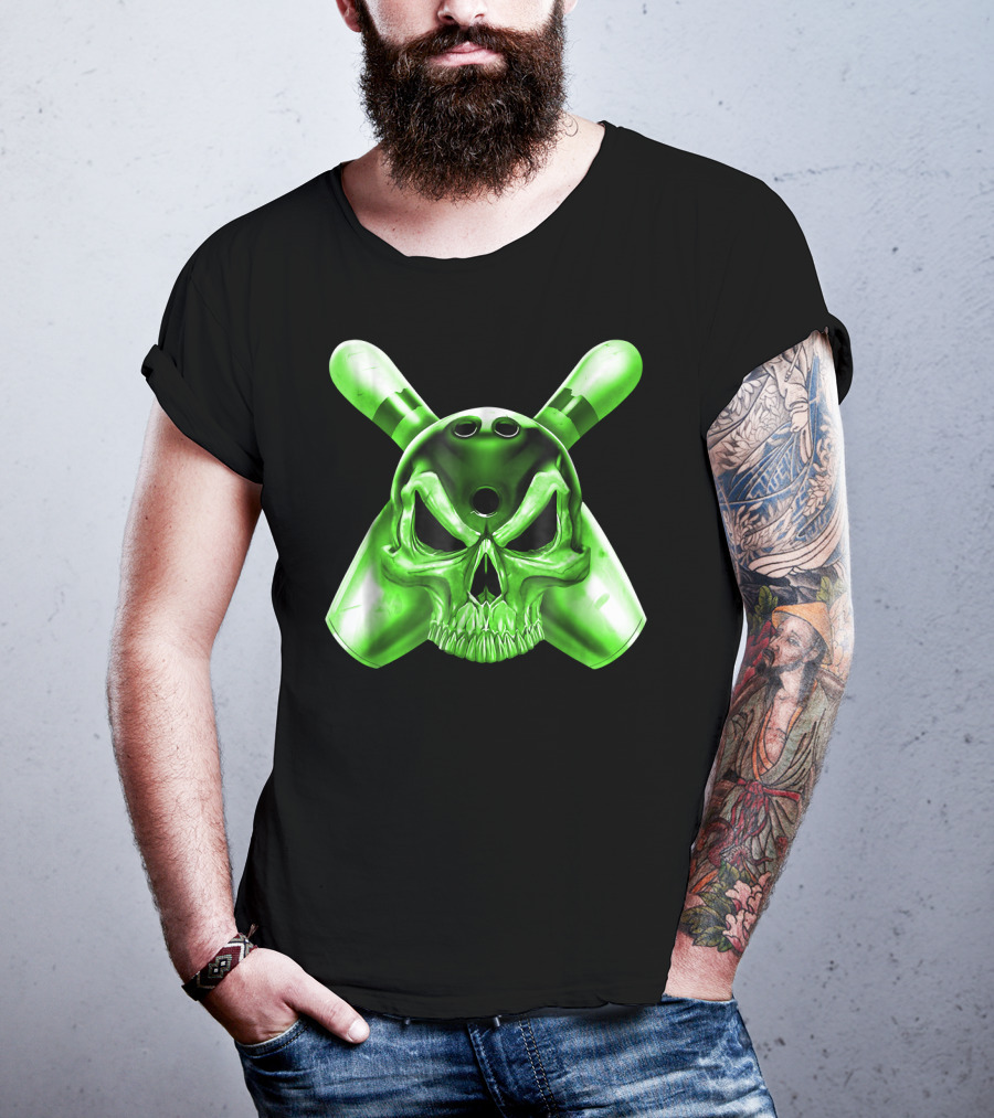 Bowling Skull Crossed Pins Green T-Shirt