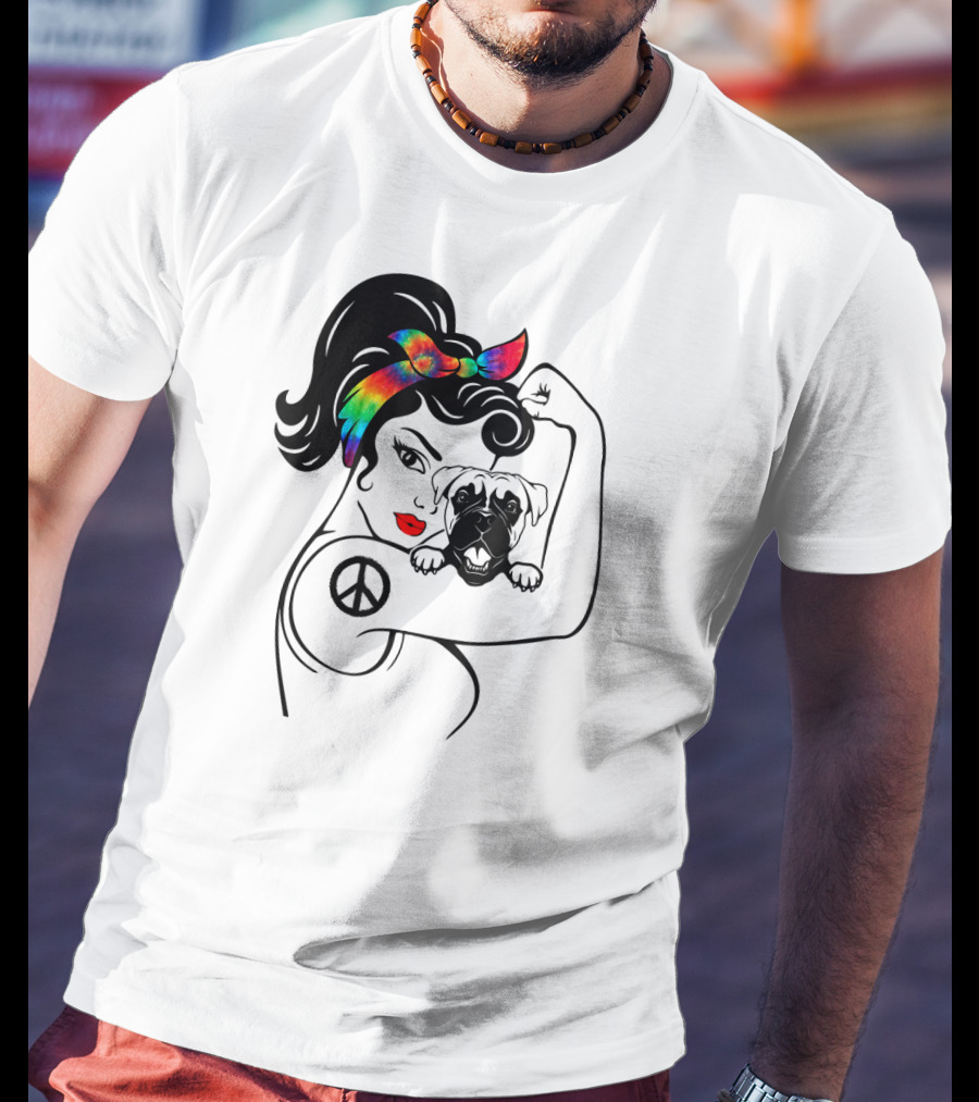 Peace Symbol Hippie Boxer Mom And Dog Lovers Retro T-Shirt
