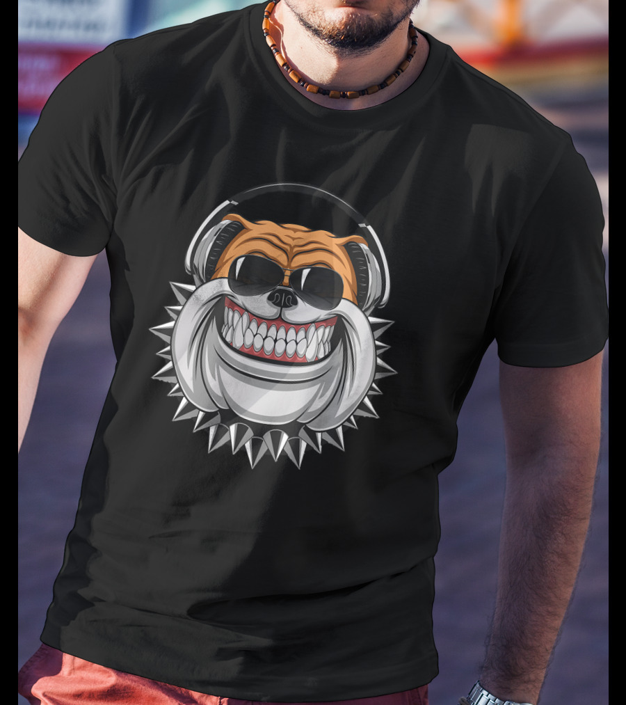 Funny Bulldog Wearing Headphones With Spiked Collar And Big Grin T-Shirt