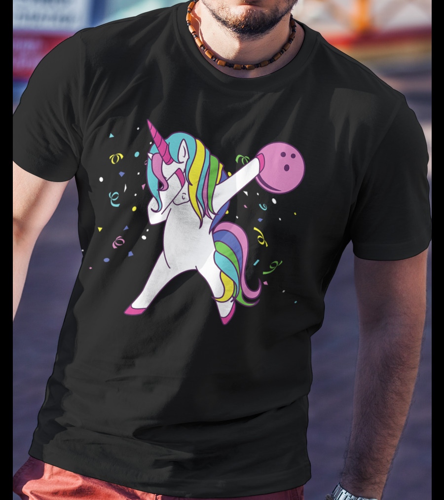 Funny Dabbing Unicorn With Colorful Bowling Ball And Confetti T-Shirt