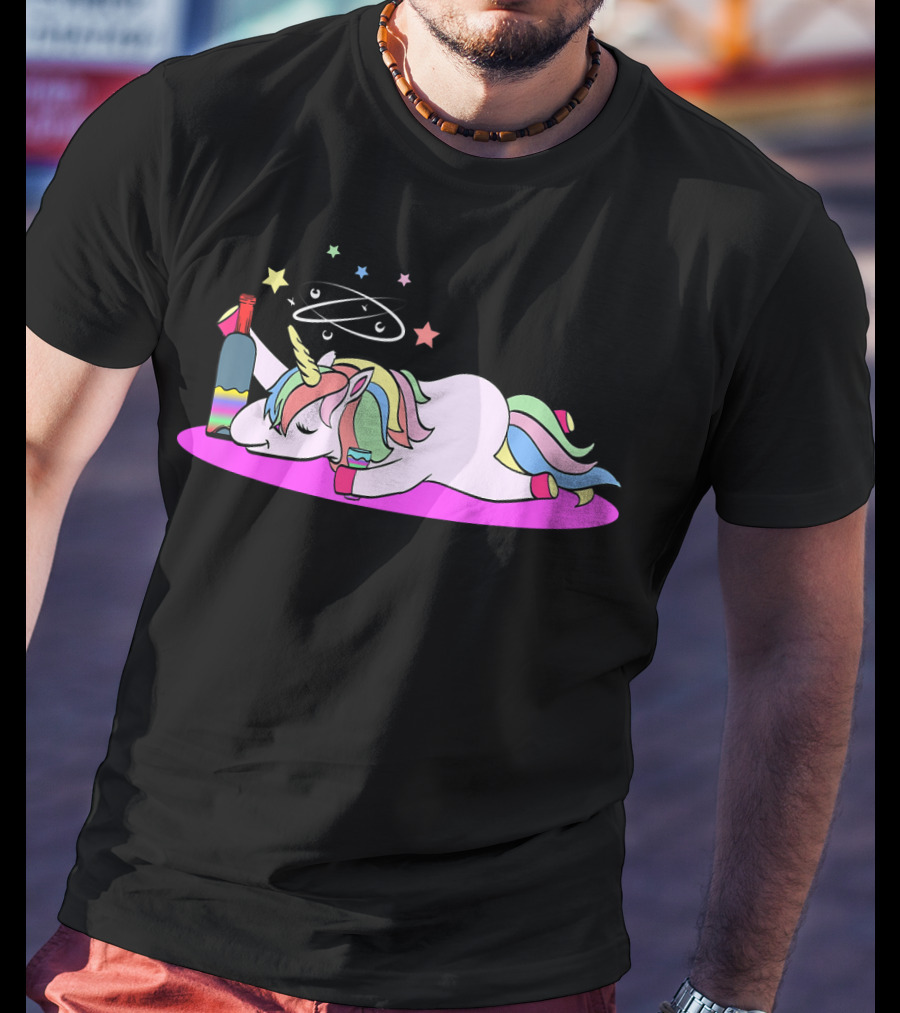 Funny Drunken Unicorn Rainbow Wine Party T-Shirt