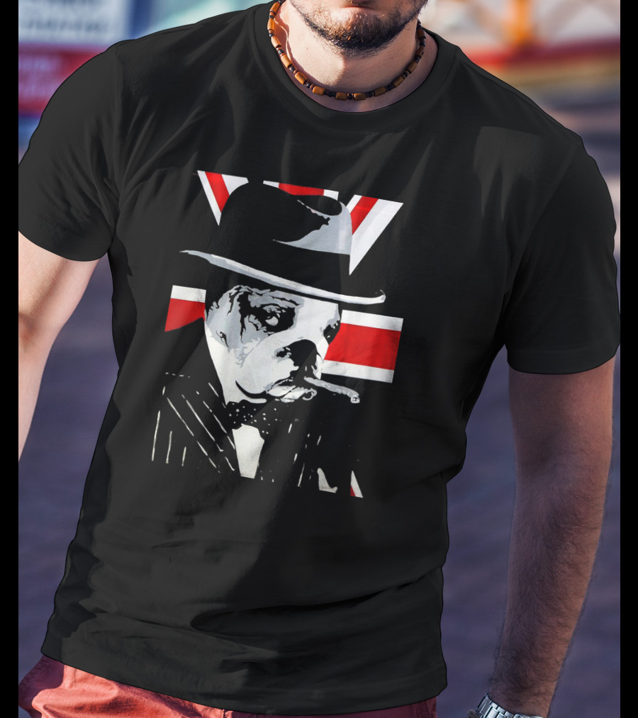 Funny English Bulldog Smoking Cigar Wearing Hat With Union Jack Background T-Shirt