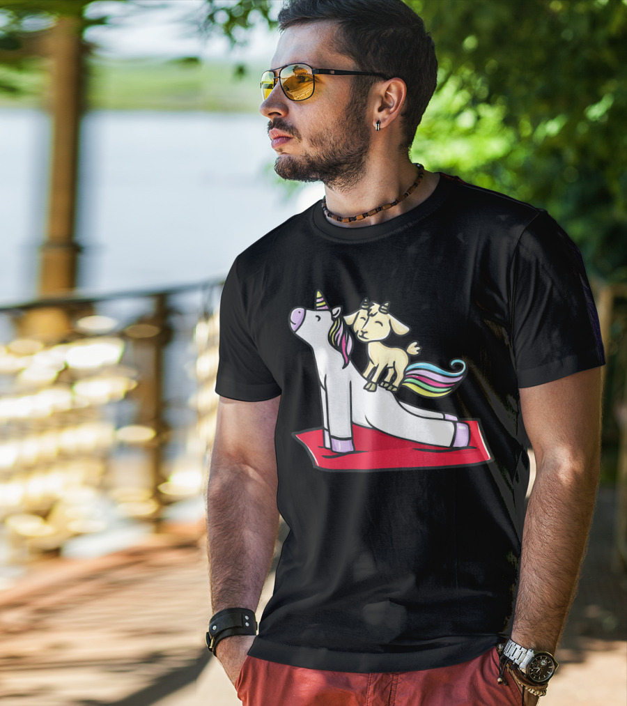 Goat Balancing On Yoga Unicorn Rainbow Mane T-Shirt