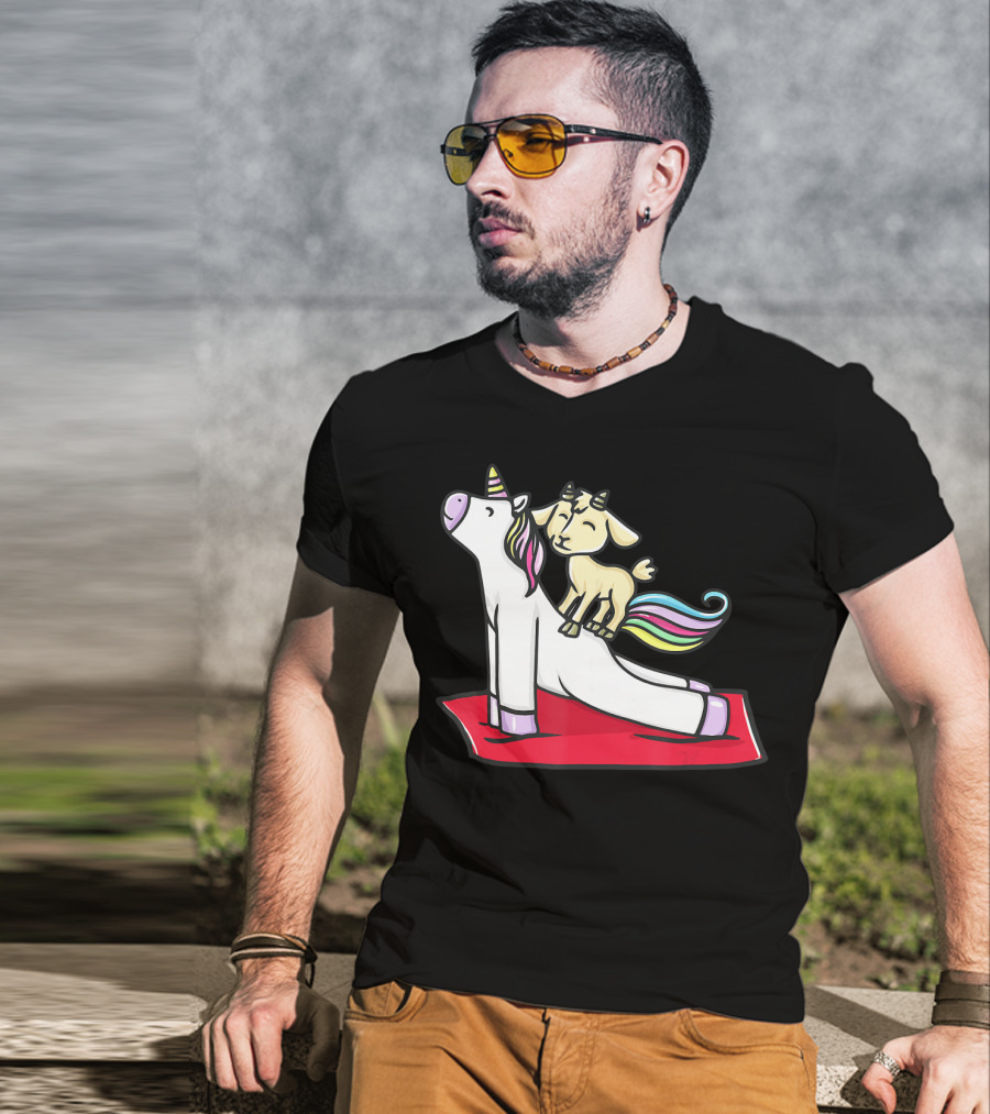 Goat Balancing On Yoga Unicorn Rainbow Mane T-Shirt