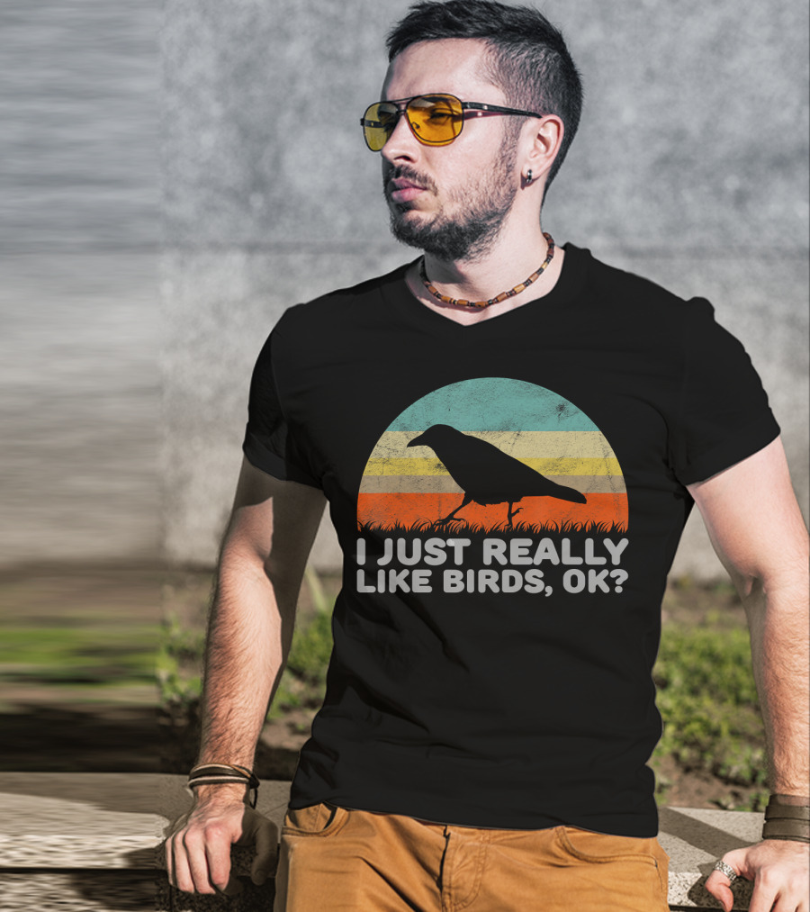 I Just Really Like Birds OK Retro Sunset Bird T-Shirt