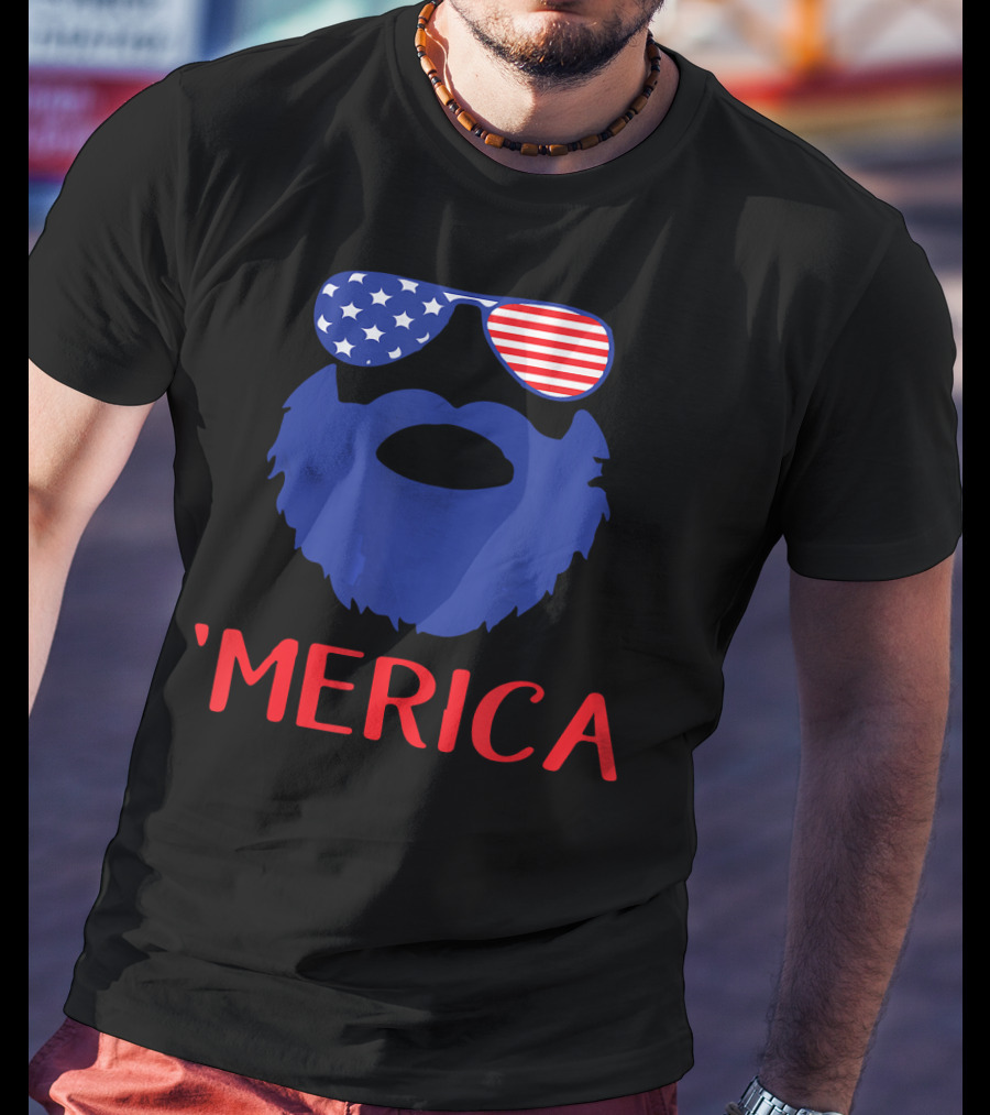 'Merica Beard With American Flag Sunglasses T-Shirt