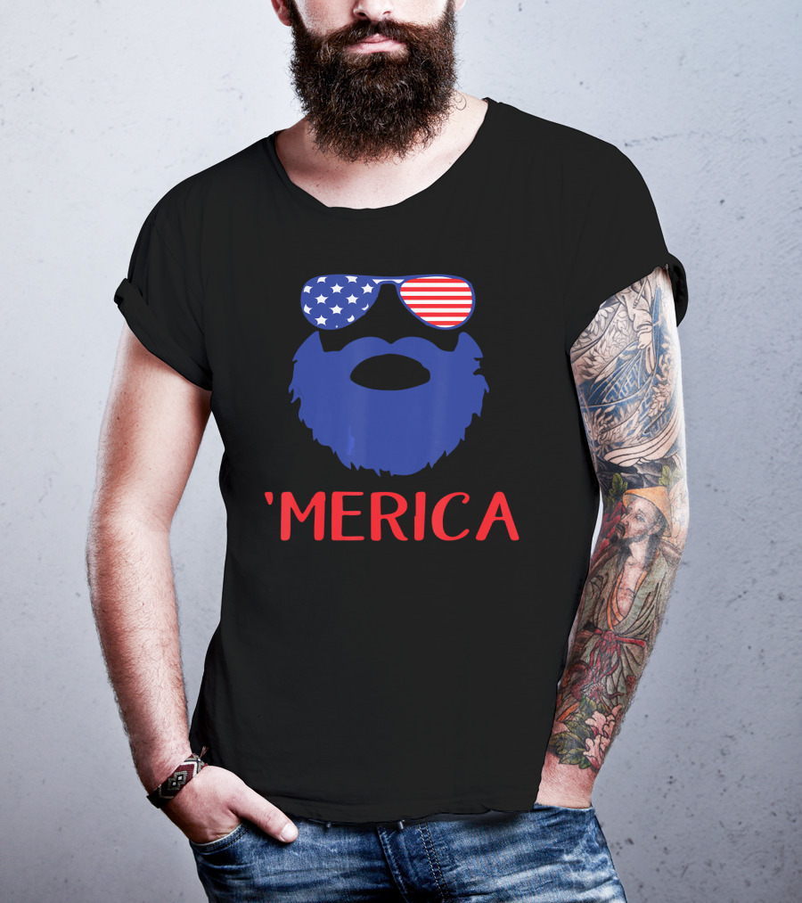 'Merica Beard With American Flag Sunglasses T-Shirt