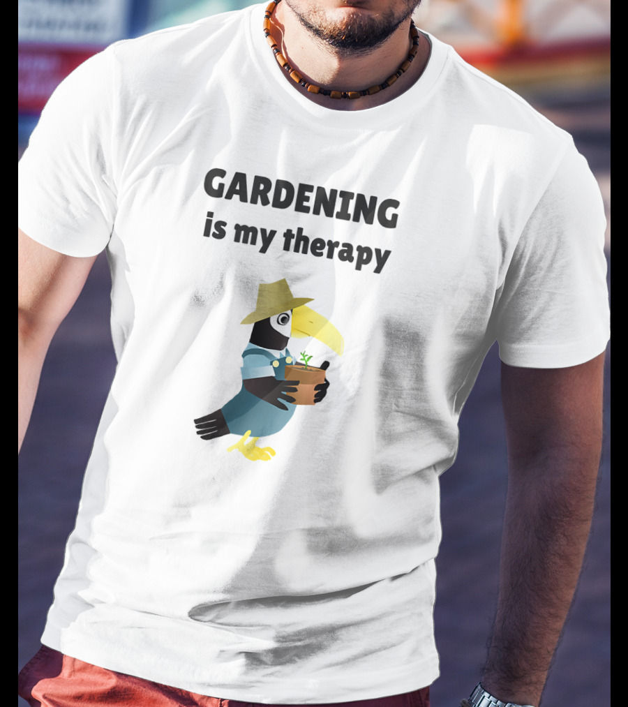 Gardening Is My Therapy Toucan In Hat Holding Plant T-Shirt