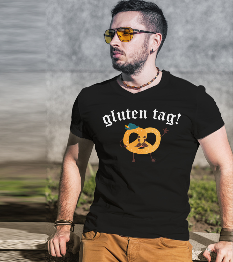 Gluten Tag Funny Oktoberfest Pretzel With Mustache And Hat T-Shirt
