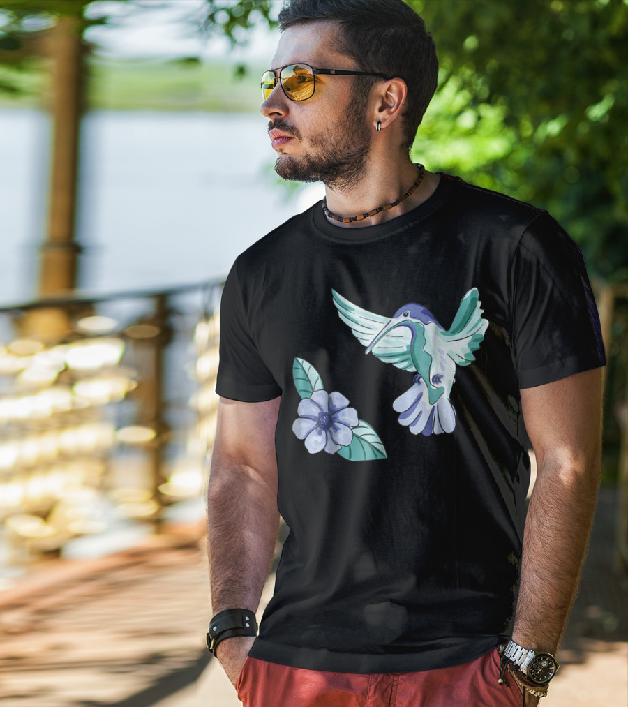 Green And Blue Hummingbird With White And Blue Flower T-Shirt