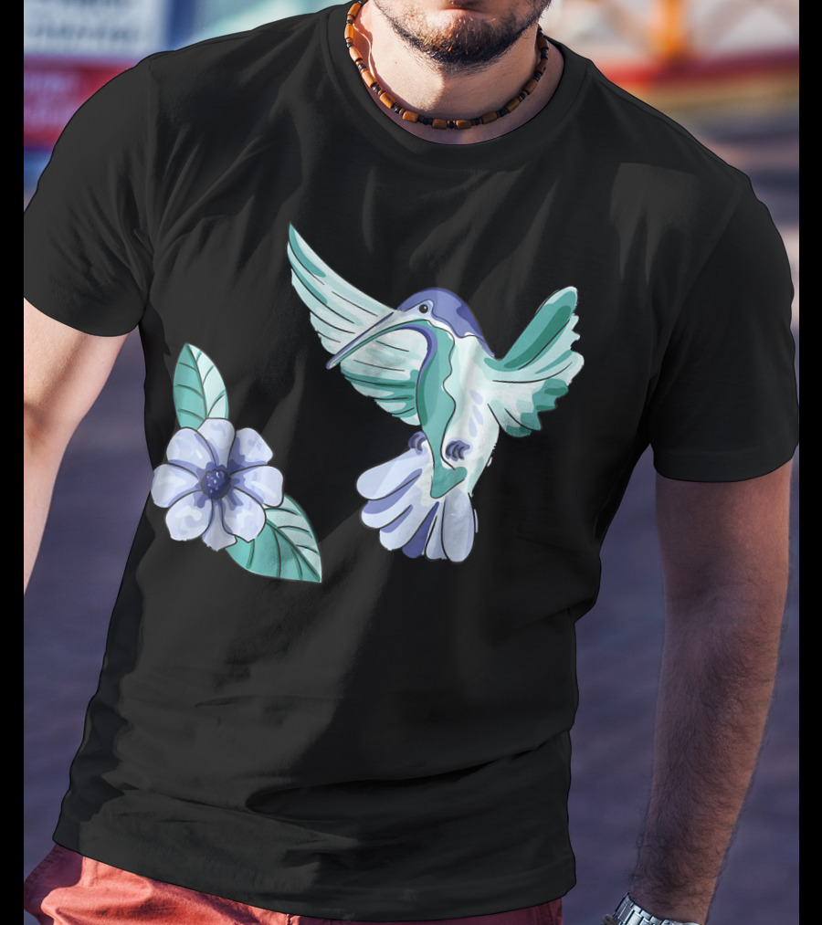 Green And Blue Hummingbird With White And Blue Flower T-Shirt