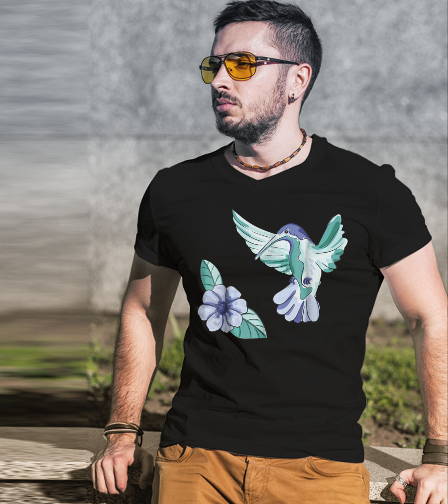Green And Blue Hummingbird With White And Blue Flower T-Shirt