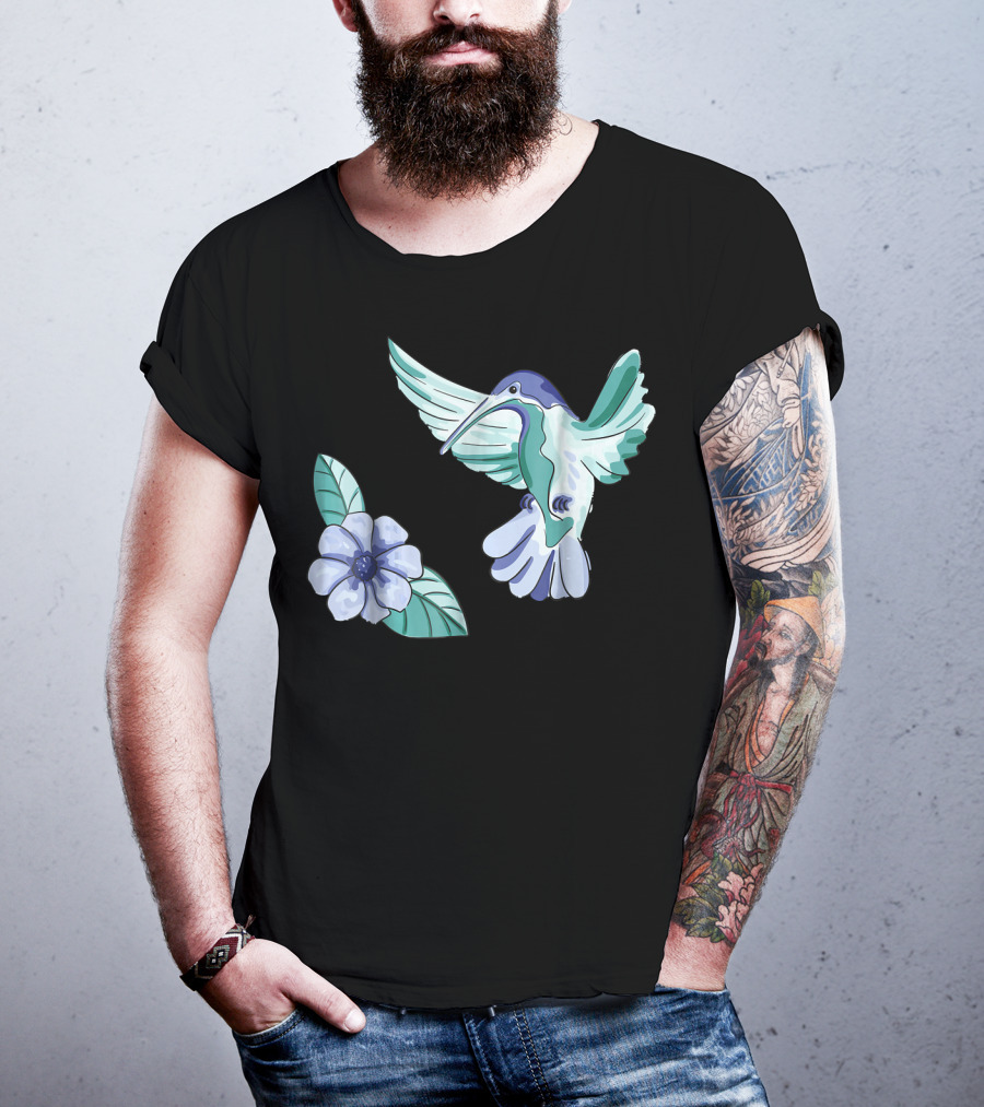 Green And Blue Hummingbird With White And Blue Flower T-Shirt