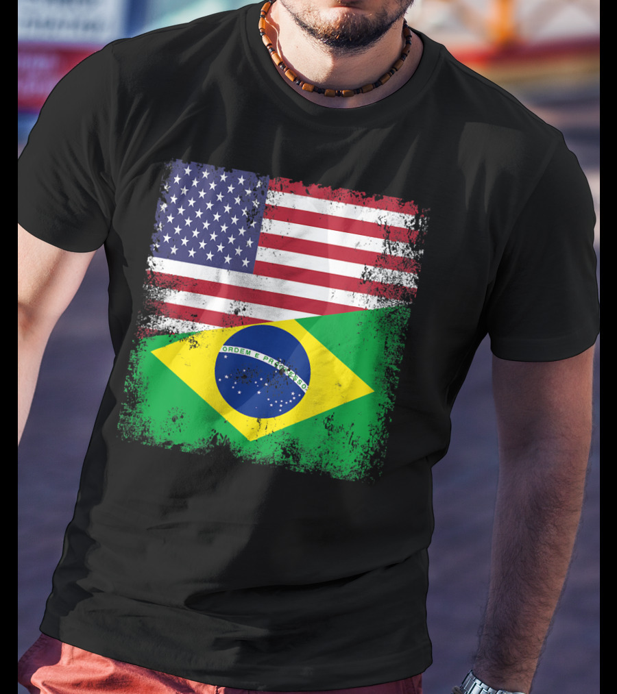 Vintage Half Brazilian Half American Flag Brazil U T-Shirt