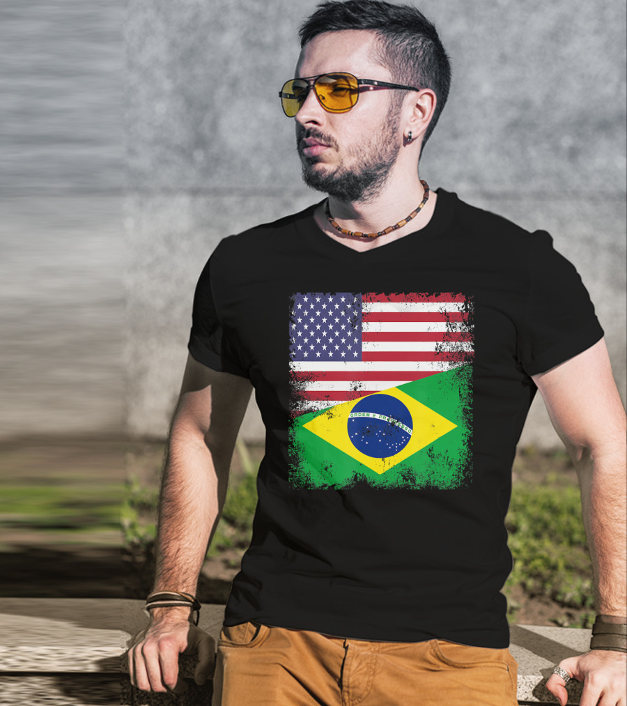 Vintage Half Brazilian Half American Flag Brazil U T-Shirt