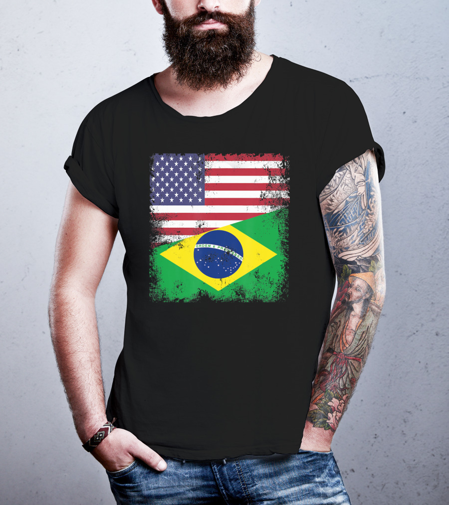 Vintage Half Brazilian Half American Flag Brazil U T-Shirt
