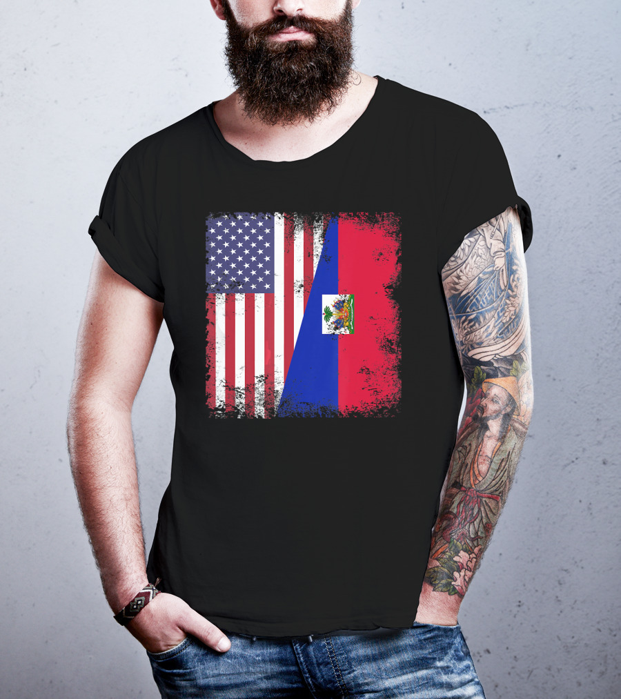 Half Haitian Flag Vintage Haiti U USA Grunge Style Flag Fusion T-Shirt