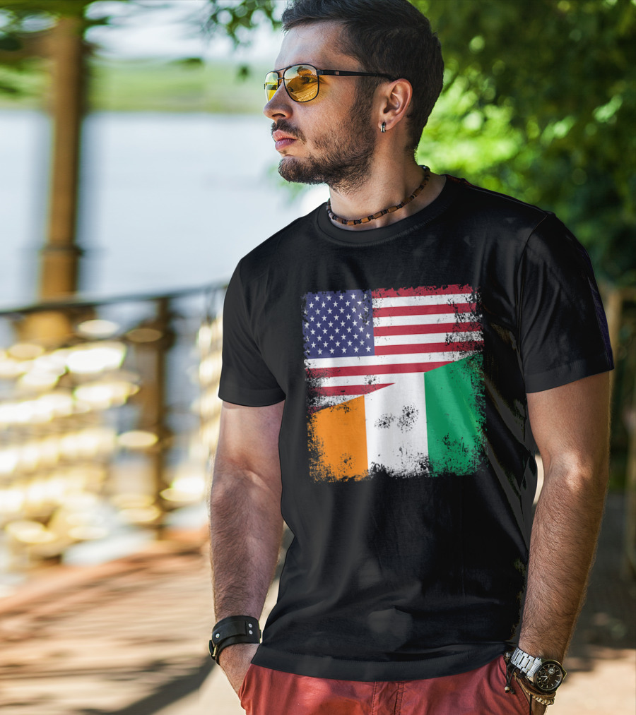 Half Ivorian Flag Vintage Cote D'I With Distressed USA Flag T-Shirt