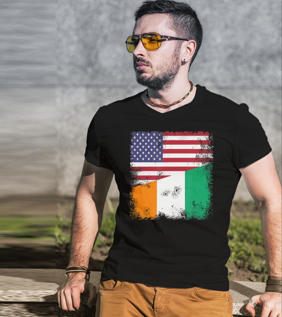 Half Ivorian Flag Vintage Cote D'I With Distressed USA Flag T-Shirt