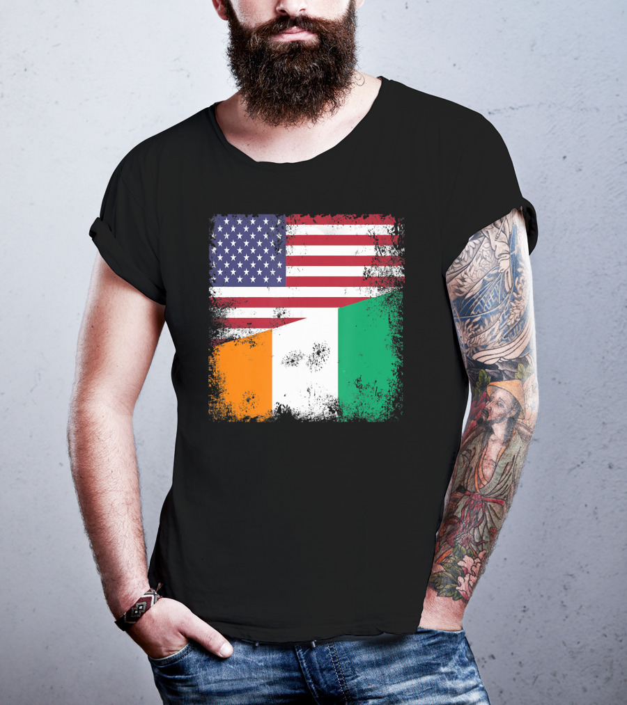 Half Ivorian Flag Vintage Cote D'I With Distressed USA Flag T-Shirt