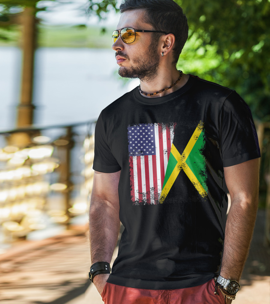 Half Jamaican Flag Vintage Jamaica U.S.A. Flag Overlay T-Shirt