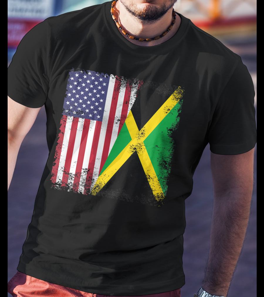 Half Jamaican Flag Vintage Jamaica U.S.A. Flag Overlay T-Shirt