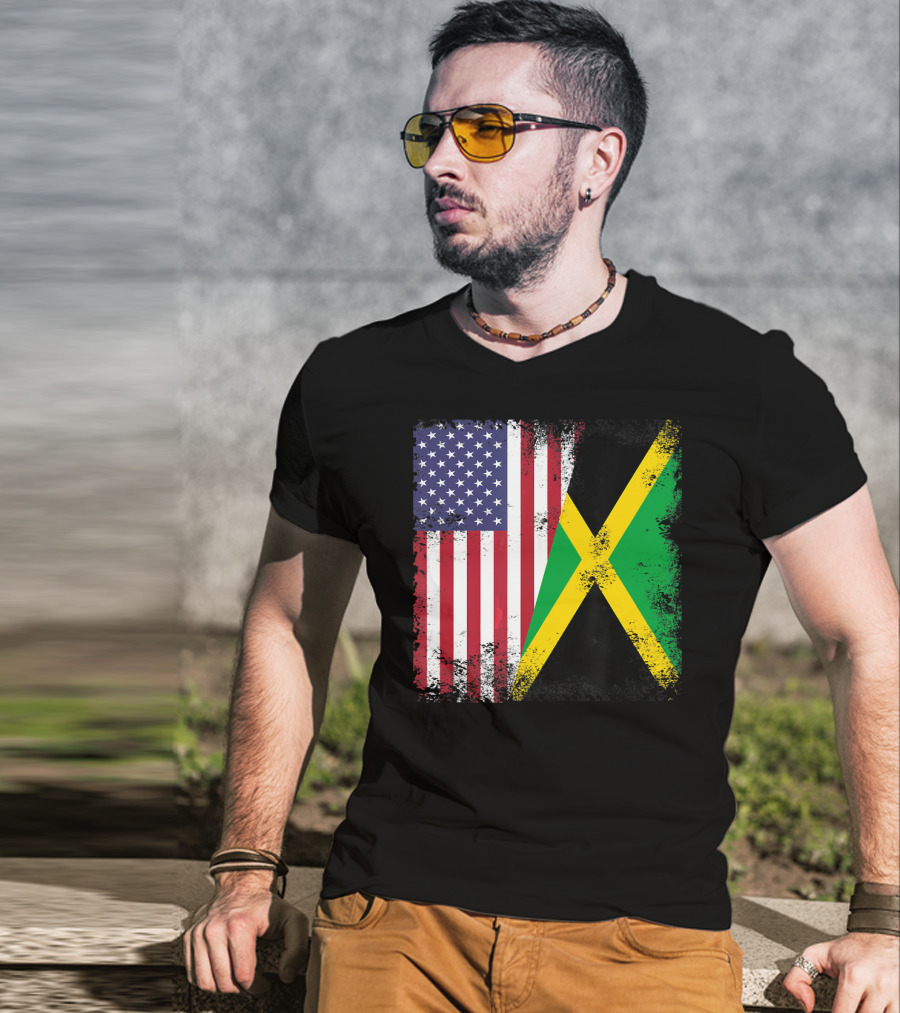 Half Jamaican Flag Vintage Jamaica U.S.A. Flag Overlay T-Shirt