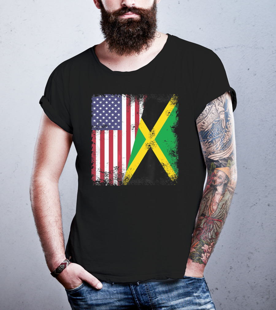 Half Jamaican Flag Vintage Jamaica U.S.A. Flag Overlay T-Shirt