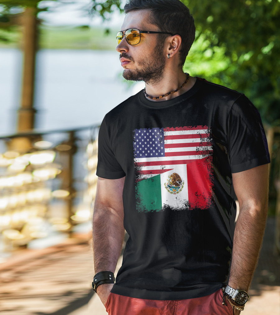 Half Mexican Flag Vintage Mexico U.S. American Flag Dual Heritage T-Shirt