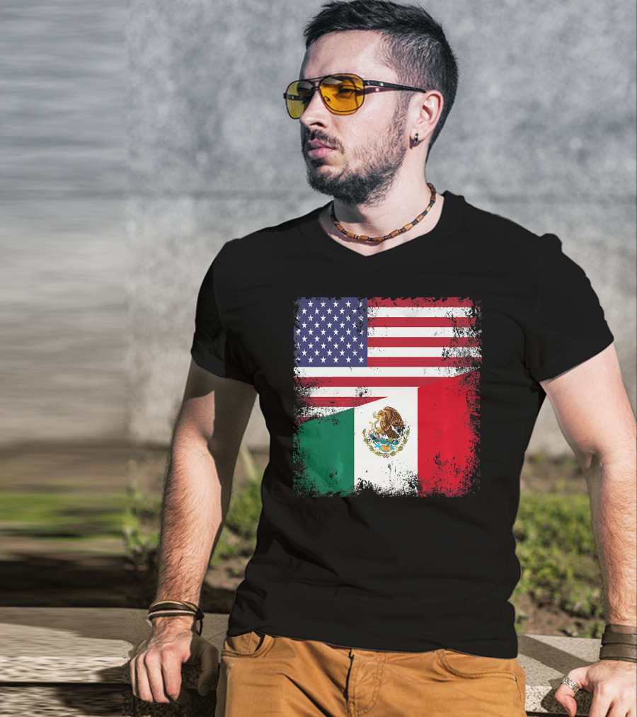 Half Mexican Flag Vintage Mexico U.S. American Flag Dual Heritage T-Shirt