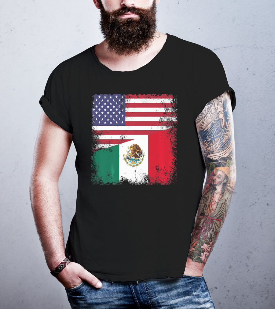 Half Mexican Flag Vintage Mexico U.S. American Flag Dual Heritage T-Shirt