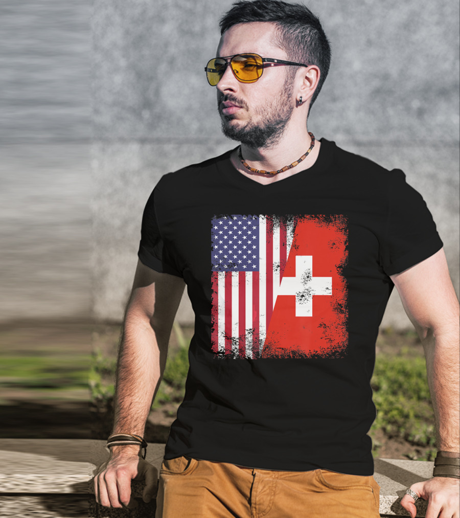 Half Swiss Flag Vintage American Swiss Flag T-Shirt