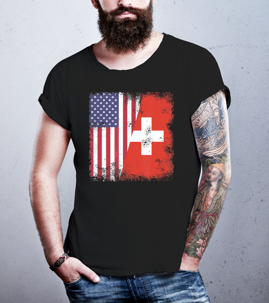 Half Swiss Flag Vintage American Swiss Flag T-Shirt