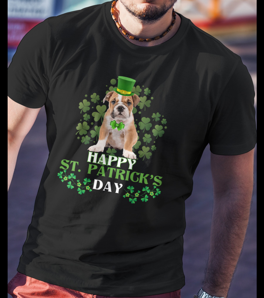 Happy St Patrick's Day Leprechaun Bulldog Green Hat Shamrock T-Shirt