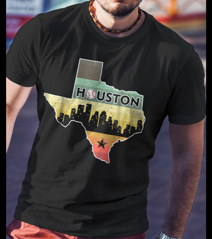 Houston Baseball Skyline With Texas Map And Retro Stripes T-Shirt