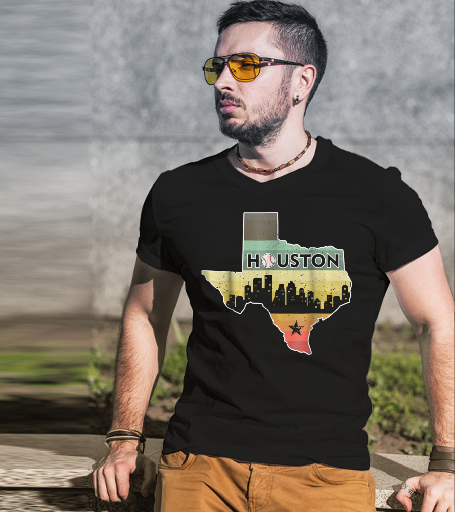 Houston Baseball Skyline With Texas Map And Retro Stripes T-Shirt