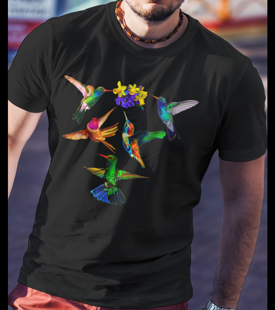 Hummingbird Lovers Colorful Birds With Flowers T-Shirt