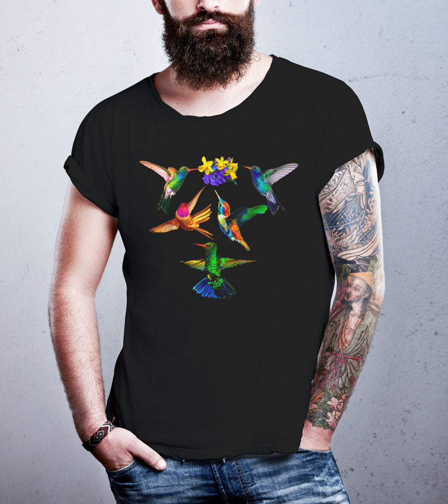 Hummingbird Lovers Colorful Birds With Flowers T-Shirt