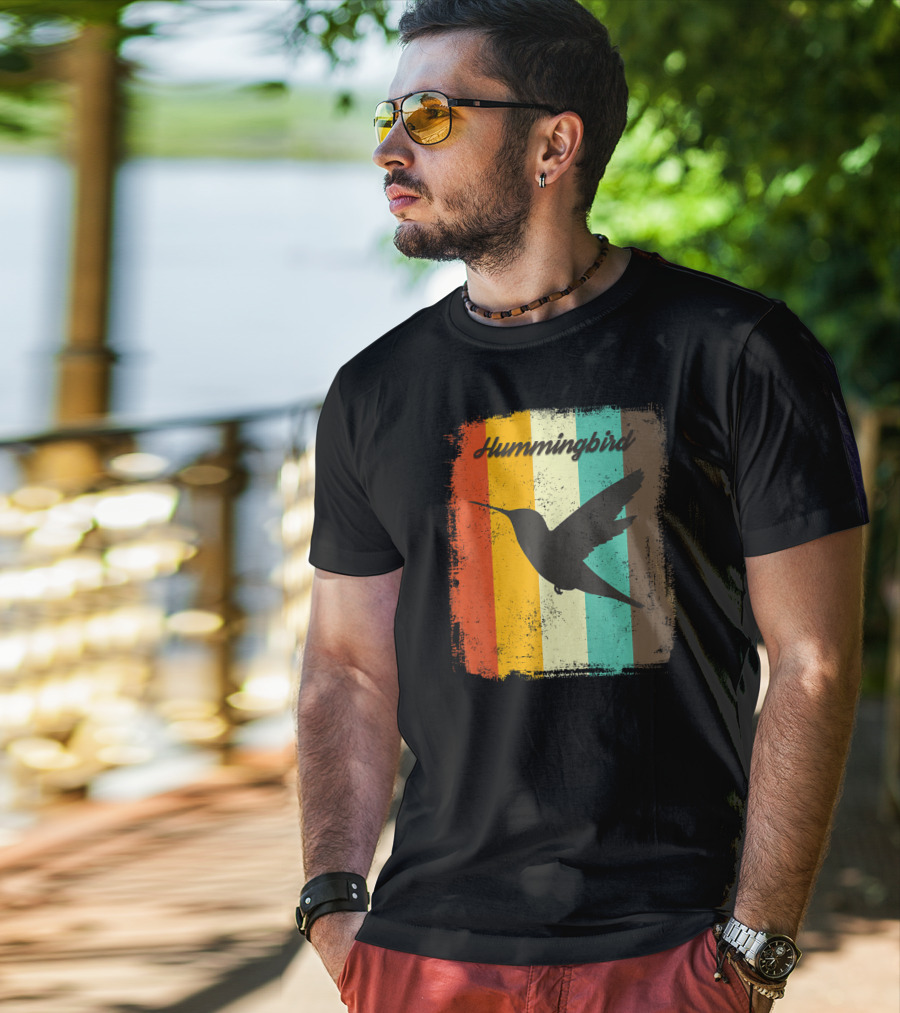 70s Vintage Hummingbird Silhouette Retro Stripes T-Shirt