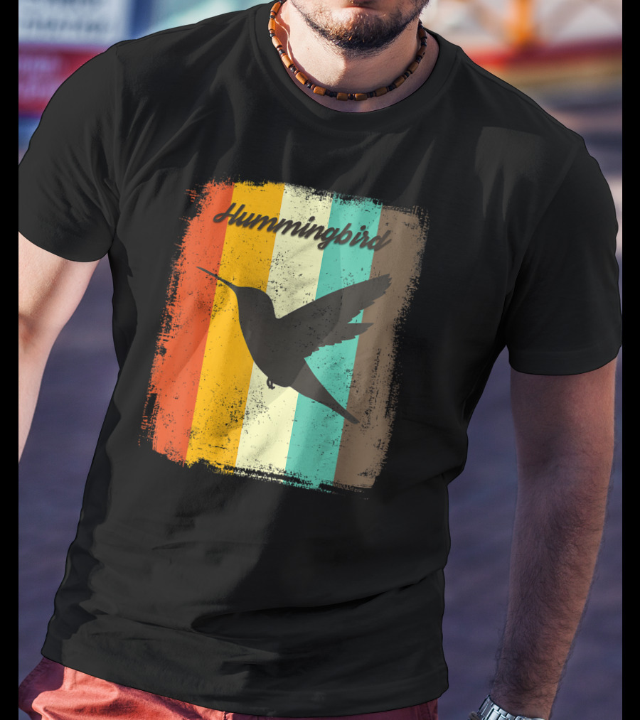 70s Vintage Hummingbird Silhouette Retro Stripes T-Shirt