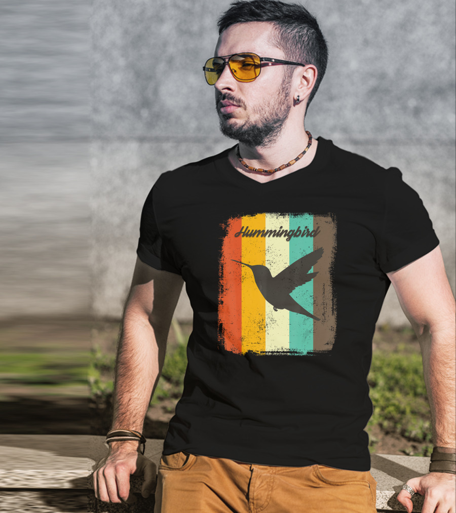 70s Vintage Hummingbird Silhouette Retro Stripes T-Shirt