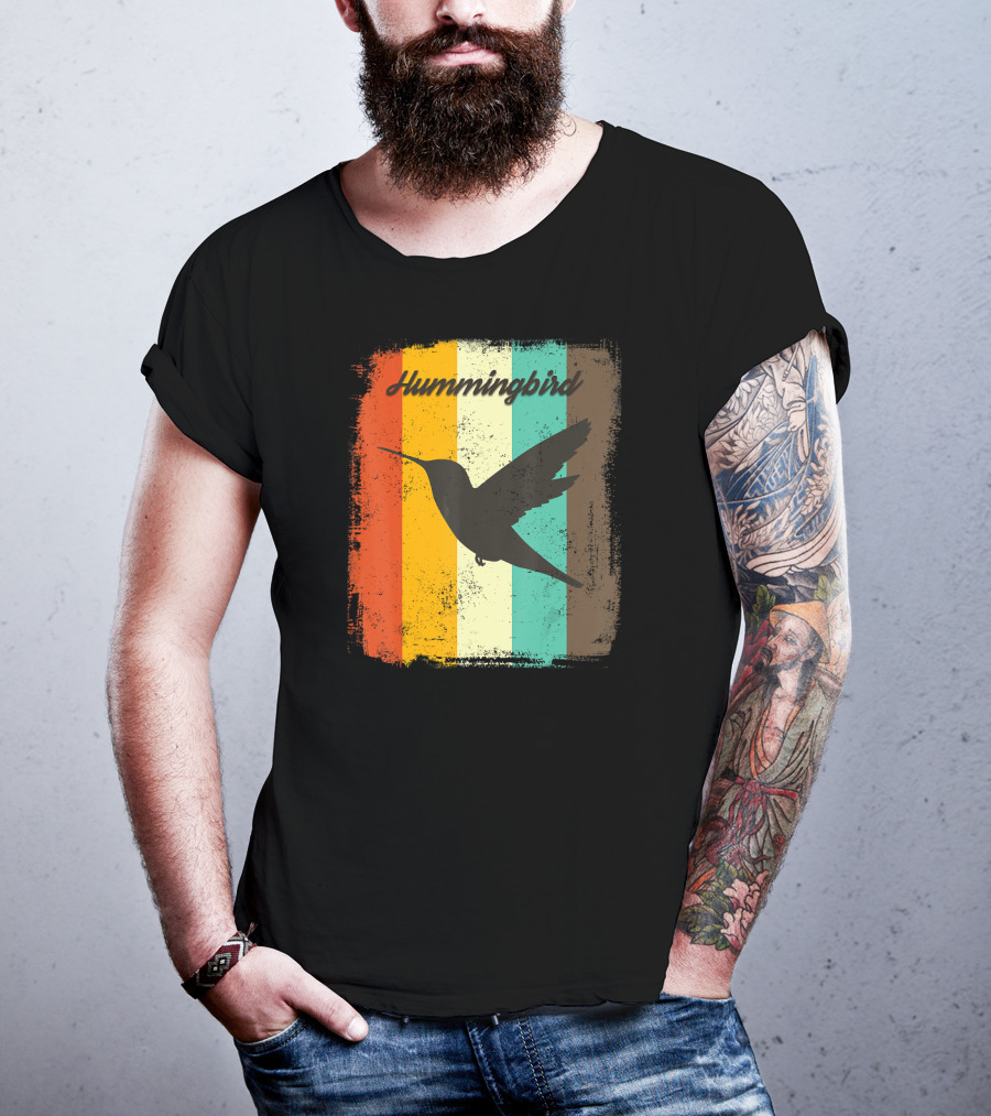 70s Vintage Hummingbird Silhouette Retro Stripes T-Shirt